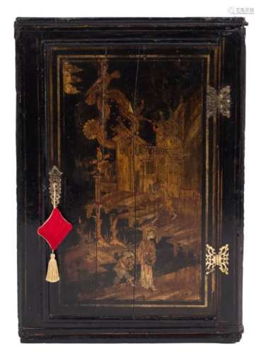 An 18th Century black lacquer and chinoiserie hanging corner cabinet:, decorated with gilt lines,