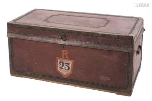 A 19th century camphorwood and leather and brass mounted rectangular trunk,