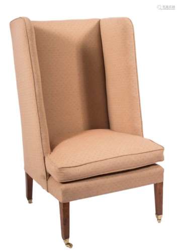 An Edwardian mahogany frame high wing back armchair:,