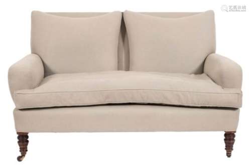 By Shoolbred, London - An Edwardian twin seat settee:, fully upholstered in grey fabric,