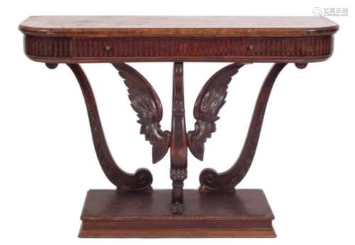 A stained beech console table of D-shaped outline:, the fluted frieze fitted with a drawer,