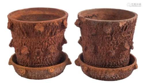 A pair of terracotta rustic garden tubs and stands:, of tree like form, 36cm (1ft 2in) high,