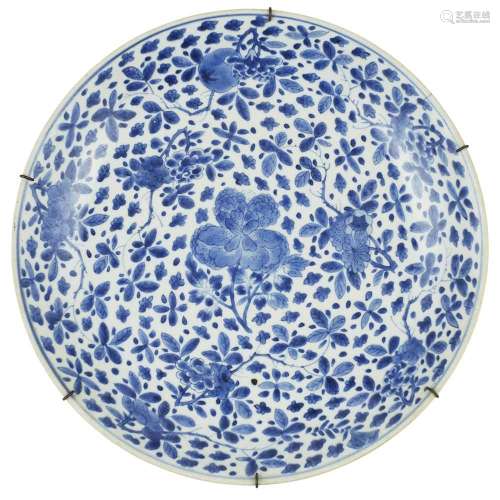 BLUE AND WHITE PORCELAIN CHARGER KANGXI MARK BUT PROBABLY LATER
paintedwith peonies, cherry