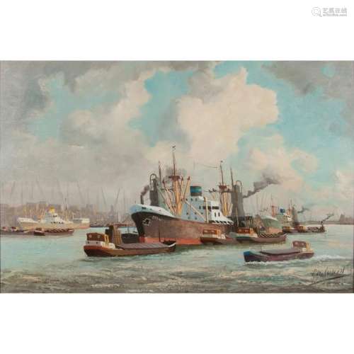 Dutch School Harbor Scene, Oil on Canvas