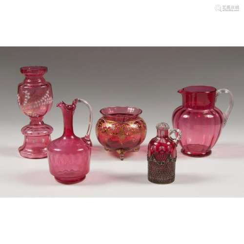 Cranberry Glass Pitchers, Vase and Bowl