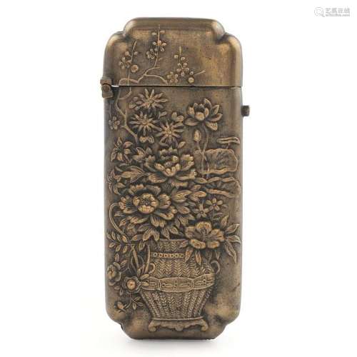 Japanese Brass Match Safe with Flowers