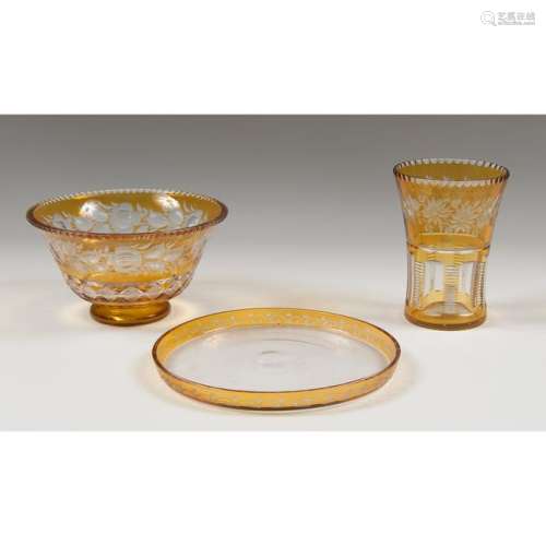Amber Cut-to-Clear Glass Vase, Bowl and Tray