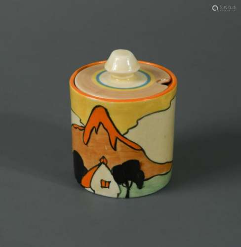 A Clarice Cliff Bizarre 'Mountain' pattern preserve pot