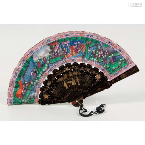 Chinese Painted Fan with Lacquer Box