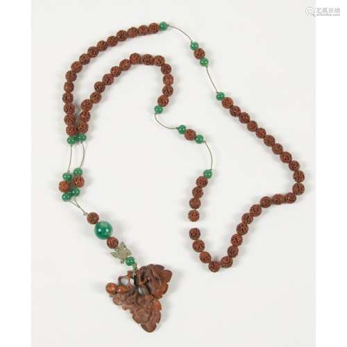 Carved Aloweswood and Peking Glass Beads Necklace