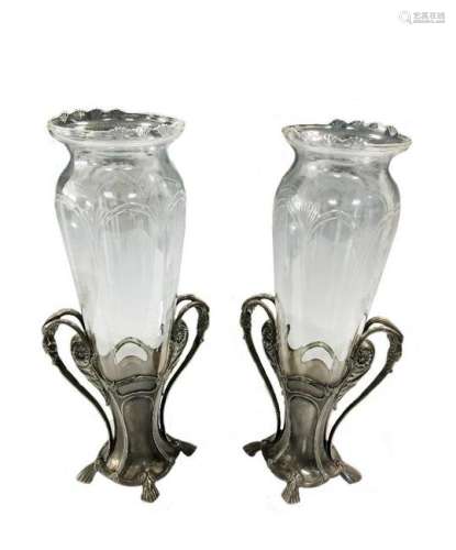 A pair of WMF pewter two-handled vases,