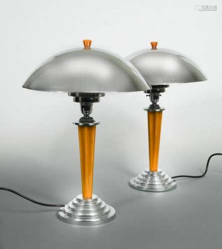 A pair of Art Deco style chromed metal table lamps,