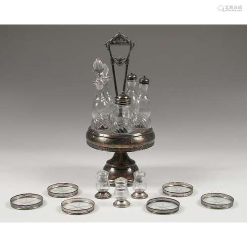 Silver Cruet Set, Casters, and Coasters