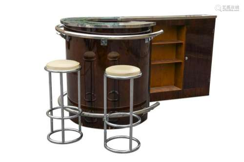 An Art Deco rosewood drinks bar and four stools,
