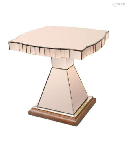 An Art Deco mirrored peach glass occasional table,