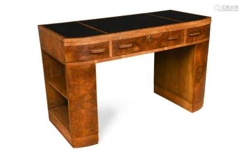 An Art Deco leather inset walnut writing table,