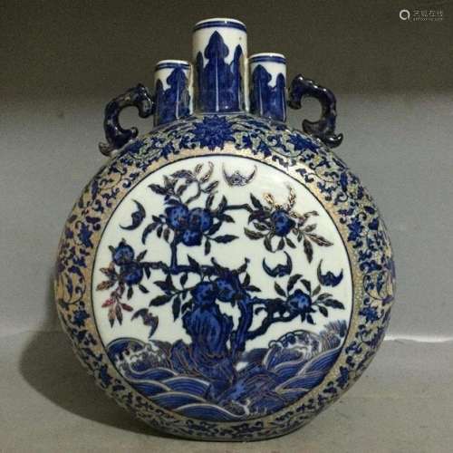 Chinese Blue and White Gilt Gold Moonflask Vase
