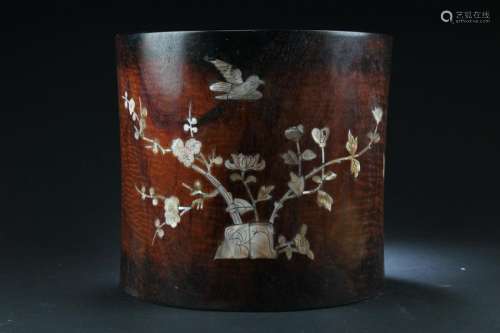 A Large Chinese Wooden Brushpot with Mother Pearl Inlay