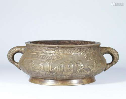 A CHINESE INSCRIBED BRONZE CENSER WITH TWO HANDLES