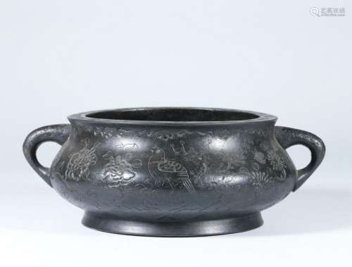 A CHINESE INSCRIBED BRONZE CENSER WITH TWO HANDLES