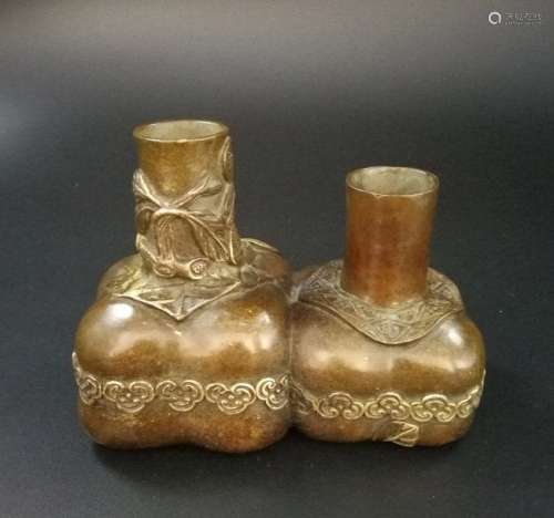 Antique Chinese Carved Bronze Twin Vase