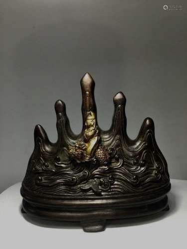 Qing Dynasty Bronze Carved Mountain Brush Rest