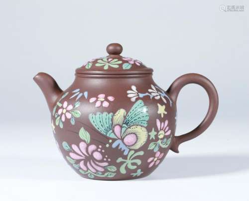 A CHINESE ENAMELED YIXING ZISHA TEAPOT WITH COVER