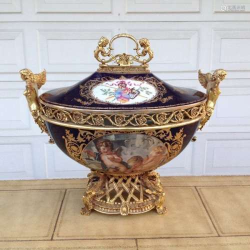 Large Serves Style Tureen W/ Bronze Mount and Cover