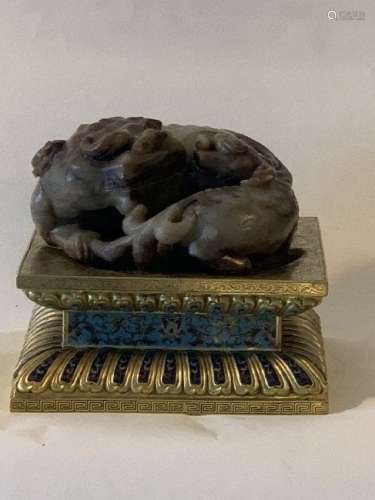 Antique Chinese Carved Jade Beasts with Cloisonne Stand