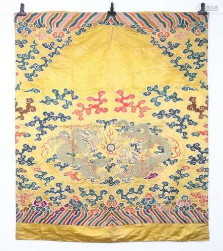 A YELLOW CHINESE EMBROIDERED 'DRAGON' PANEL