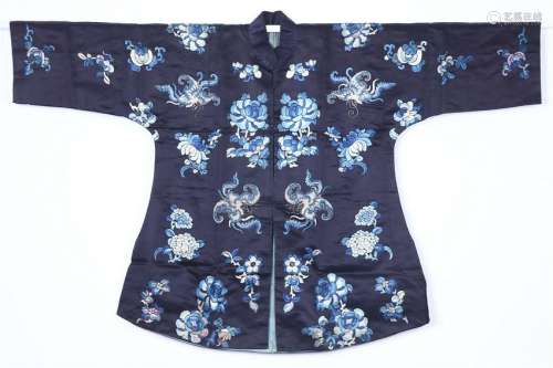 A BLUE-GROUND CHINESE EMBROIDERED SILK ROBE