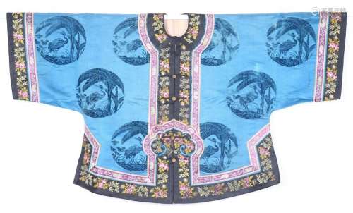 A BLUE-GROUND CHINESE EMBROIDERED SILK ROBE