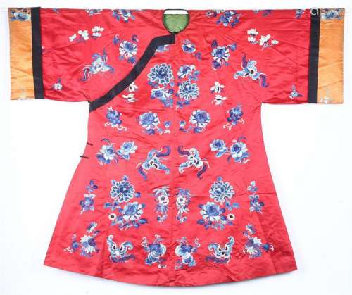A RED-GROUND CHINESE EMBROIDERED SILK ROBE