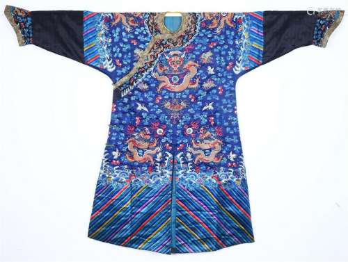 A BLUE-GROUND CHINESE EMBROIDERED GAUZE ROBE