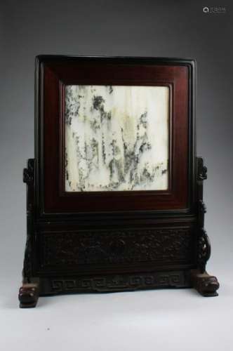 Chinese Hardwood Table Screen with Marble Inlay