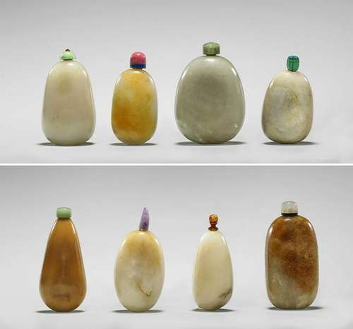 EIGHT ANTIQUE JADE PEBBLE SNUFF BOTTLES