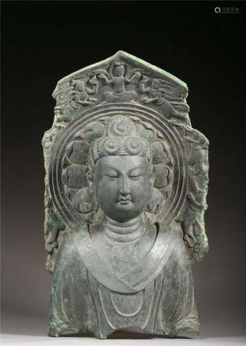 A GREY SCHIST BUST OF BUDDHA