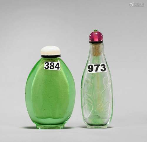 TWO OLD GREEN GLASS SNUFF BOTTLES