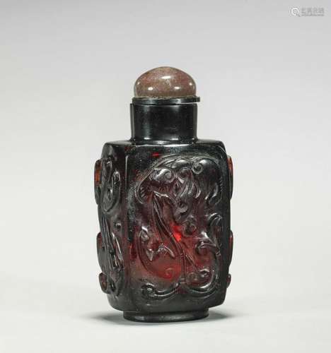 LARGE ANTIQUE RUBY GLASS SNUFF BOTTLE: Chilong