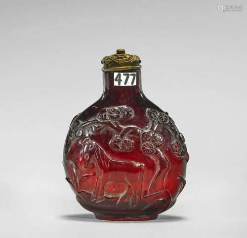 LARGE ANTIQUE RUBY GLASS SNUFF BOTTLE: Horses