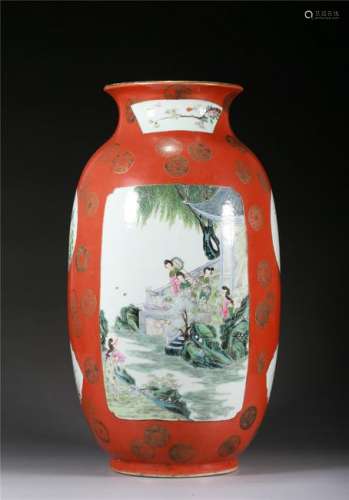 A RED-GROUND CHINESE FAMILLE-ROSE 'FIGURAL' VASE