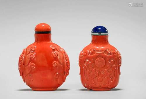 TWO OLD CORAL-GLASS SNUFF BOTTLES