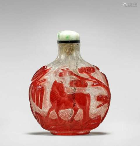 LARGE ANTIQUE RED OVERLAY GLASS SNUFF BOTTLE