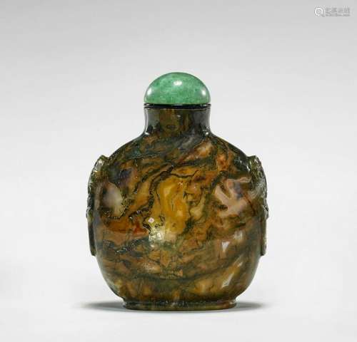 LARGE ANTIQUE GREEN MOSS AGATE SNUFF BOTTLE