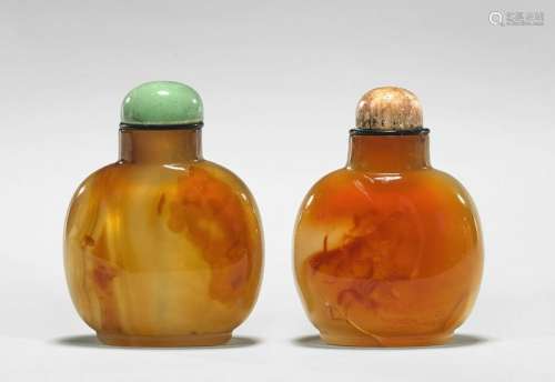 TWO FINELY HOLLOWED ANTIQUE CARNELIAN SNUFF BOTTLES