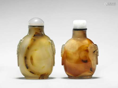 TWO ANTIQUE TALL AGATE SNUFF BOTTLES