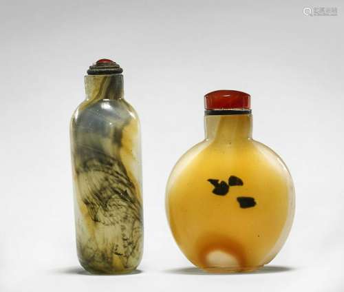 TWO OLD GLASS IMITATING AGATE SNUFF BOTTLES