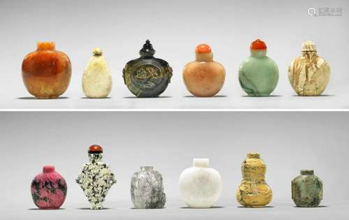 COLLECTION OF TWELVE SNUFF BOTTLES OF VARIOUS STONES