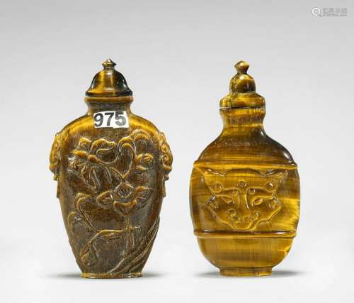 TWO CARVED TIGER'S EYE SNUFF BOTTLES