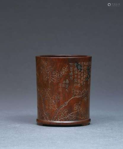 AN INSCRIBED AND ENGRAVED 'PRUNUS' HUANGHUALI BRUSHPOT